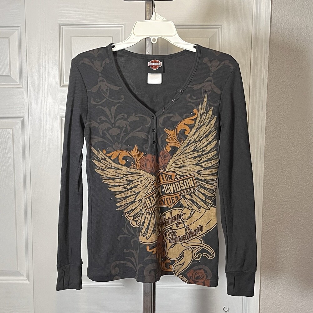 Harley Davidson Vintage Long Sleeve Thermal Shirt Women Affliction Waffle Y2K